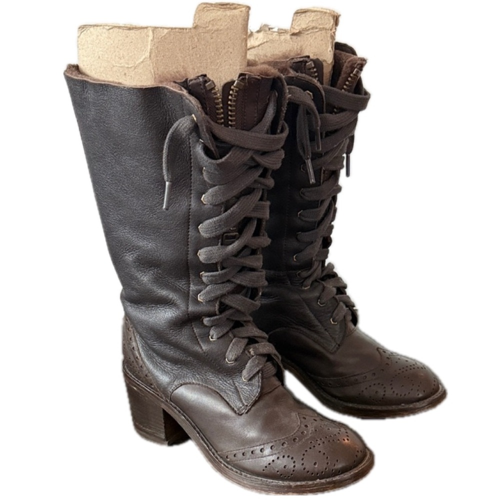 Brown faux fur lining Leather Lace-Up Boots